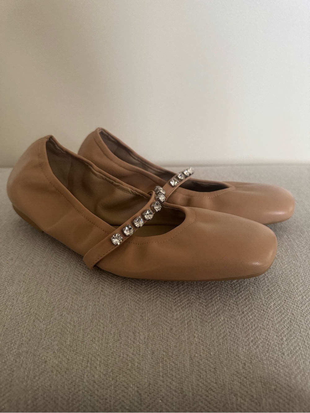Stuart Weitzman Tan Leather Mary Jane Flats with Crystal Strap